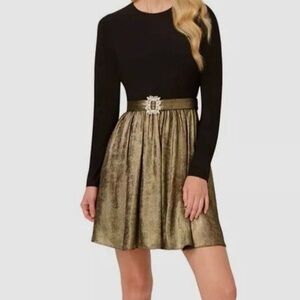 Adrianna Papell Women's Black Gold Metallic Long-Sleeve Belted Dress Size 6 NWT